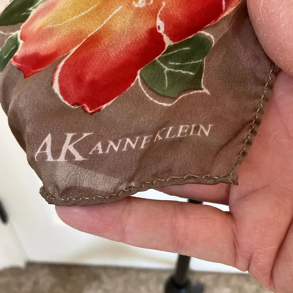 Anne Klein Silk Scarf Floral Coquette Feminine Brown Red Gree Yellow‎ 11x53
